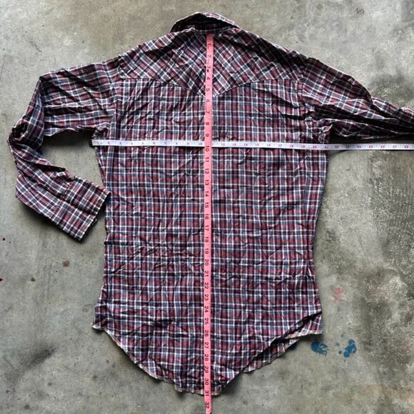 Vintage 70s Wrangler Western Plaid Ruby Snap Button Shirt Size 15 1/2-34 - Picture 7 of 7